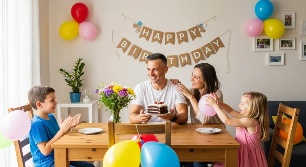 خانواده‌ای در حال جشن گرفتن تولد ساده در خانه، با کیک خانگی و دکور گل و بادکنک