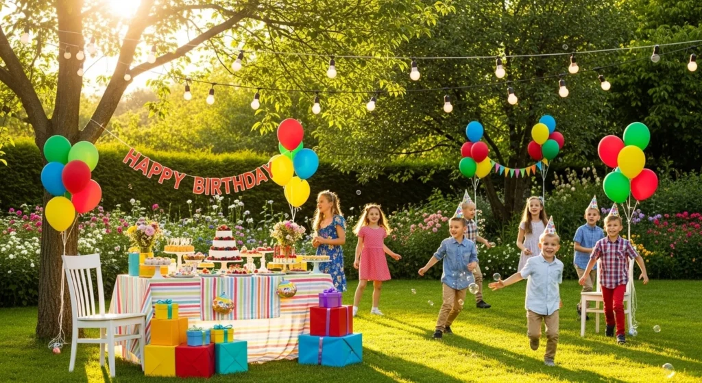 جشن تولد در فضای باز با دکور رنگی و بادکنک‌آرایی