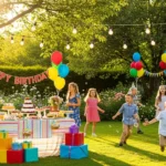 جشن تولد در فضای باز با دکور رنگی و بادکنک‌آرایی